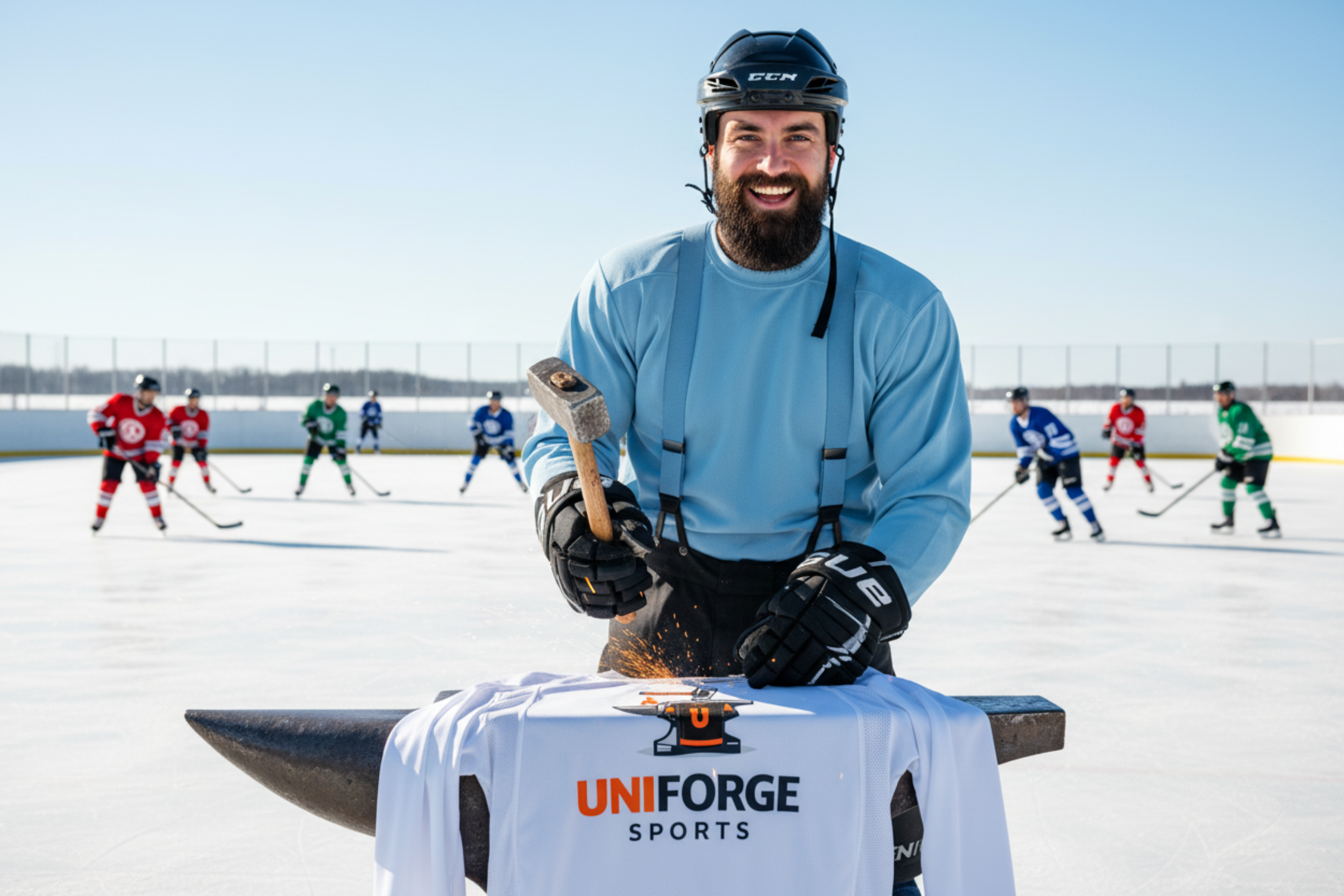 Forgeron barbu avec casque ouvert et marteau proportionnel